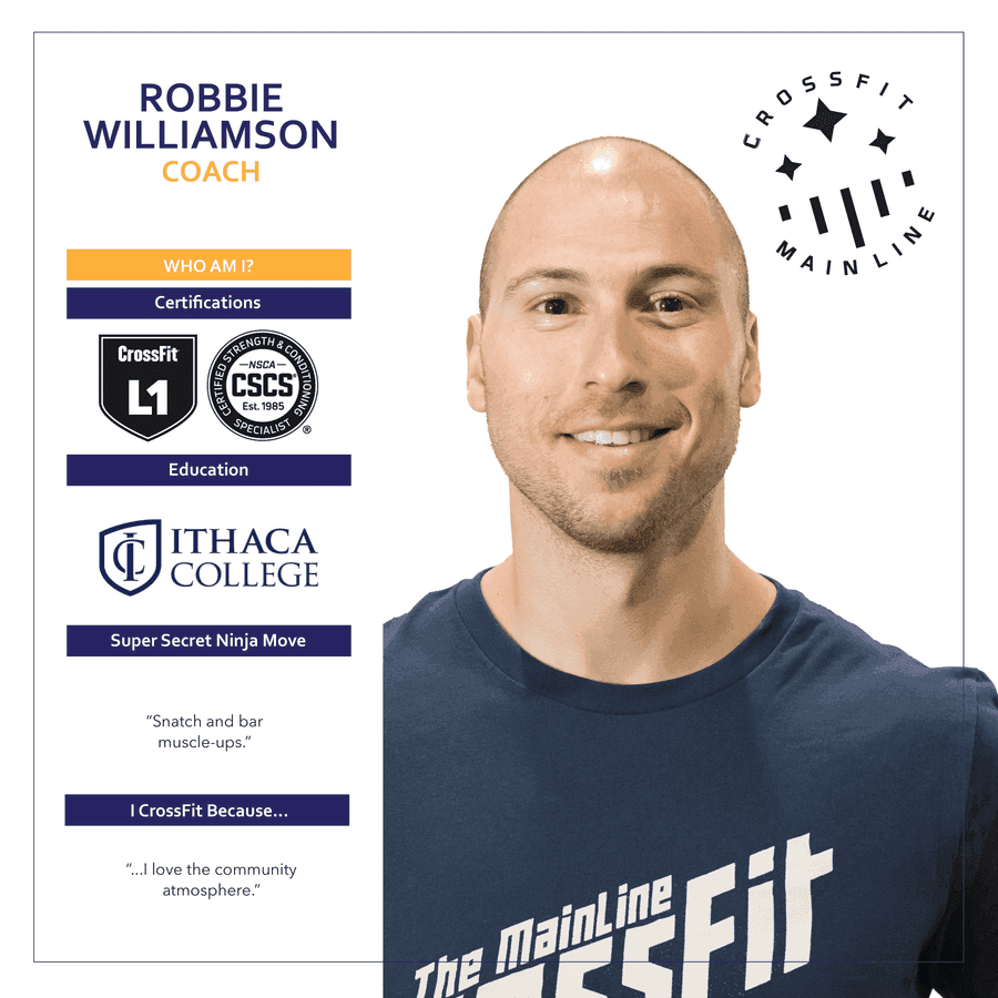 Robbie Williamson, Coach at CrossFit Main Line — coach bio card with certifications