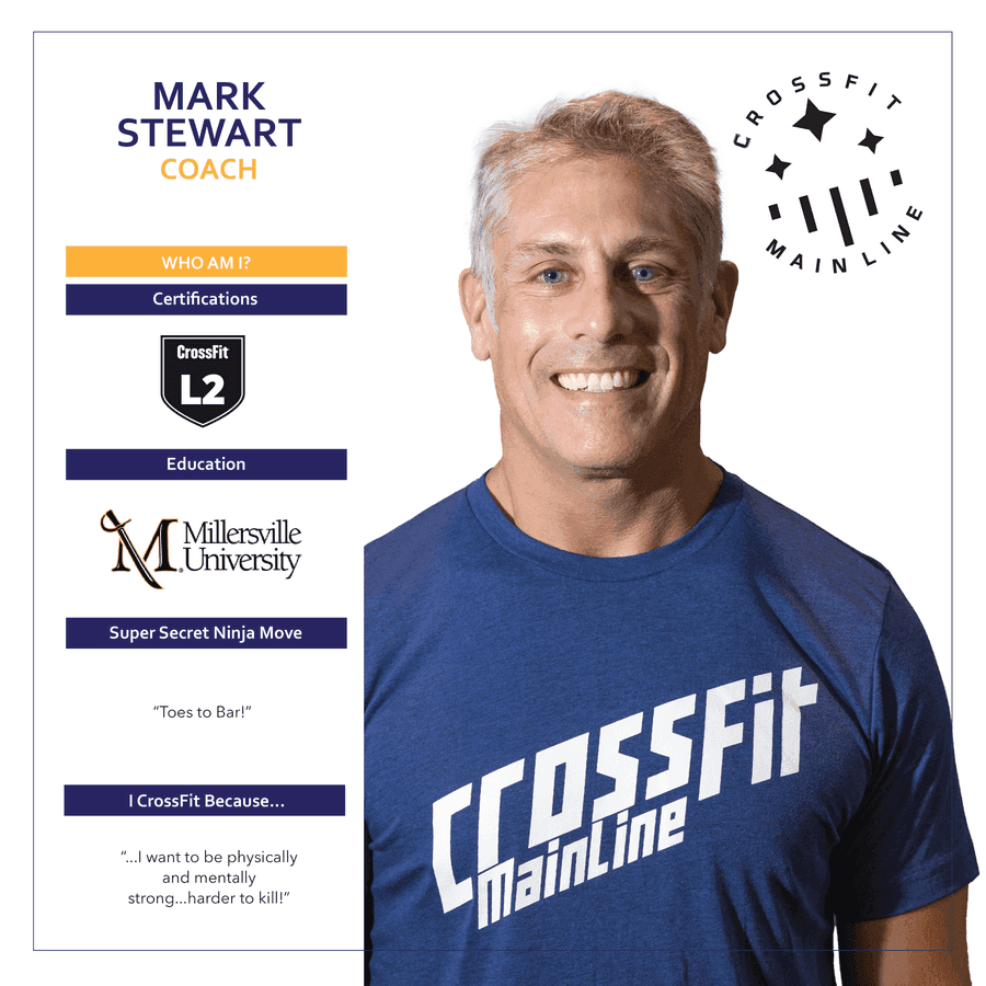 Mark Stewart, Coach at CrossFit Main Line — coach bio card with certifications