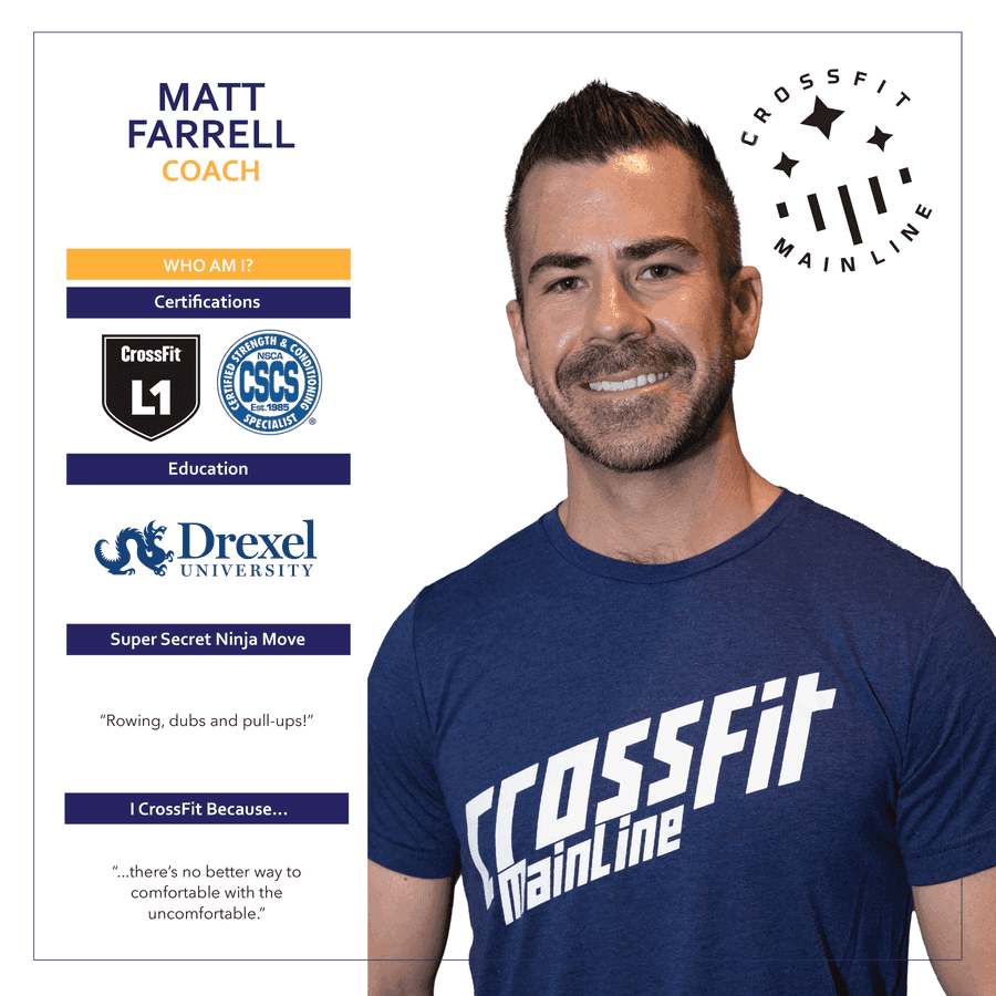 Matt Farrell, Coach at CrossFit Main Line — coach bio card with certifications