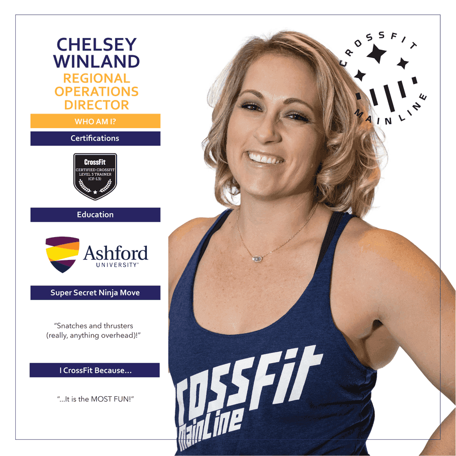 Chelsey Winland, Regional Operations Director at CrossFit Main Line — coach bio card with certifications