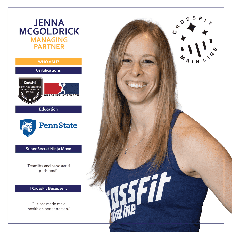Jenna McGoldrick, Managing Partner at CrossFit Main Line — coach bio card with certifications
