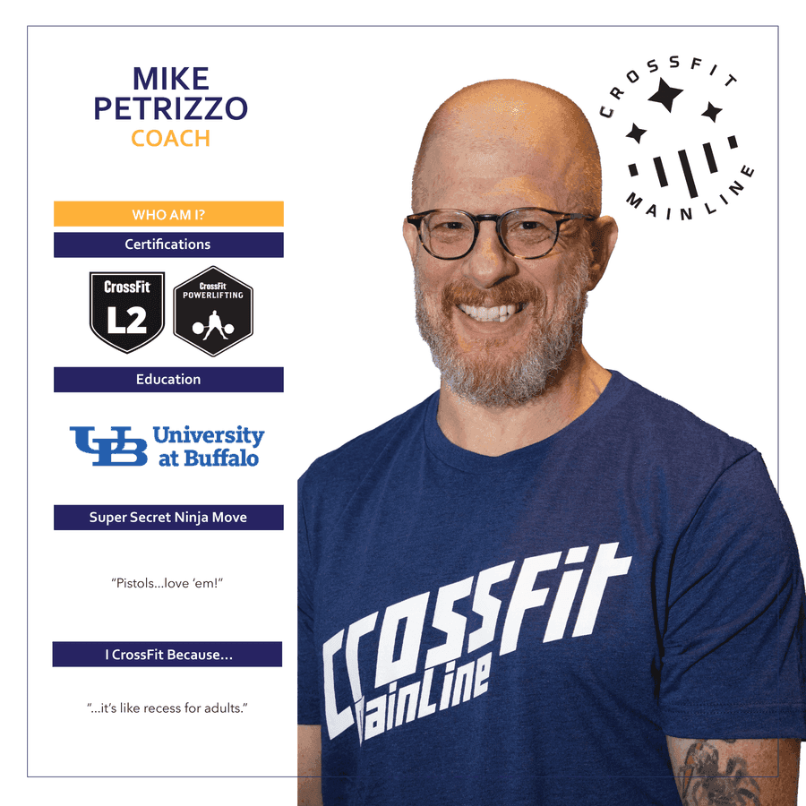 Mike Petrizzo, Coach at CrossFit Main Line — coach bio card with certifications