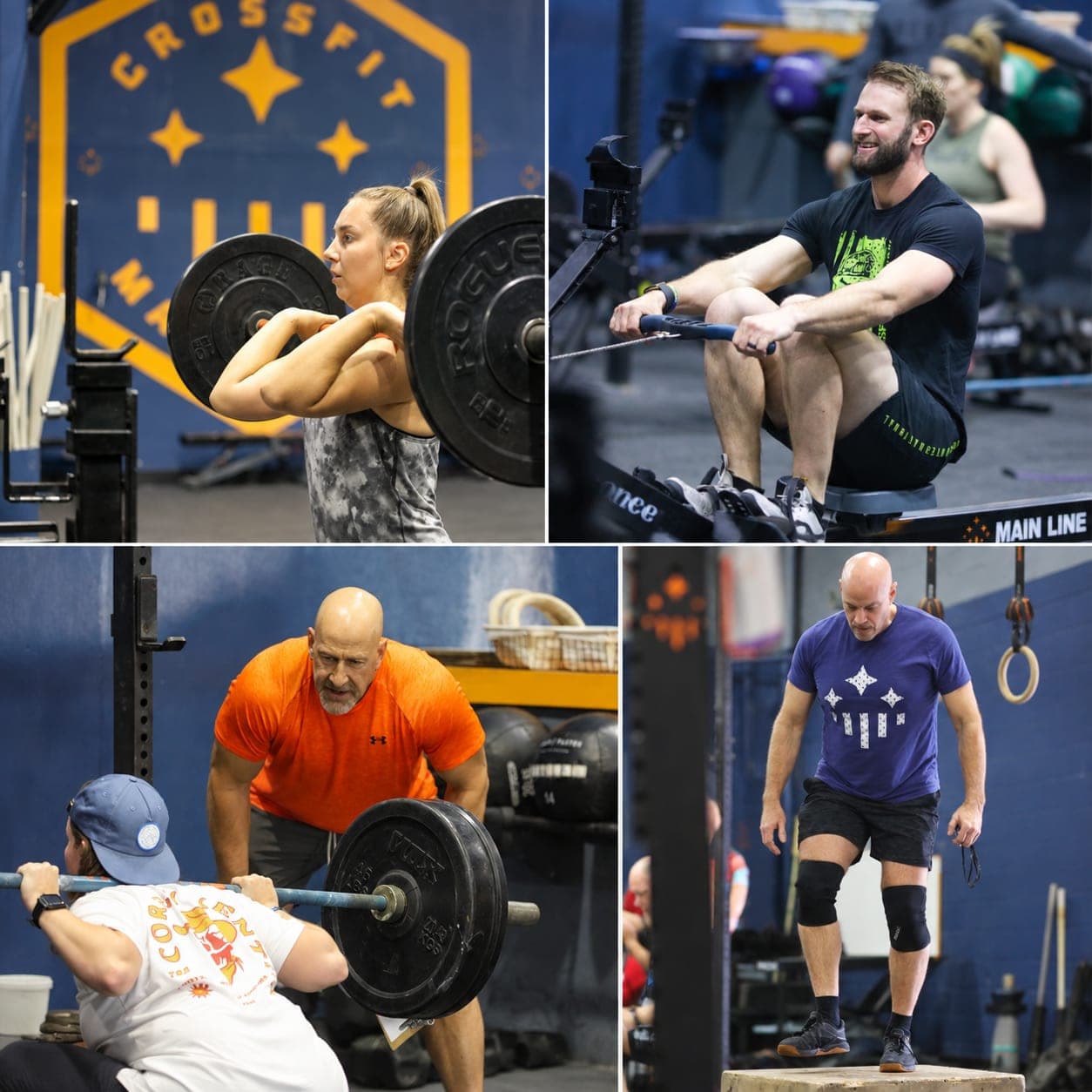 CrossFit Main Line members training — barbell cleans, rowing, back squats and box step-ups